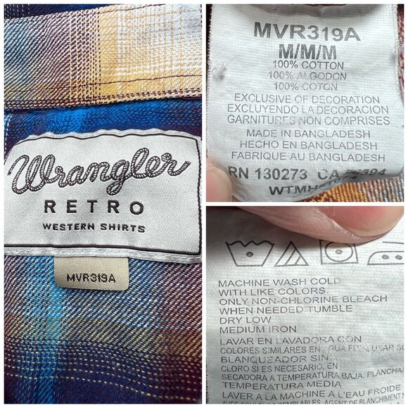 Wrangler Retro Western Snap Shirt Plaid Cotton Medium - Picture 3 of 8